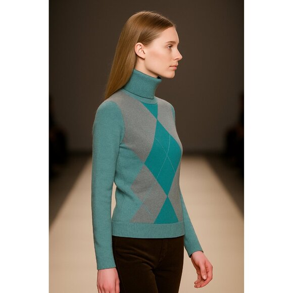 Y2K Argyle Turtleneck Sweater – Teal & Gray Cotton, Preppy Retro- Not worn - Picture 2 of 13